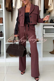 Fashion Lace Panel Long-sleeved Crop Top and Elastic Waist Tie Pocket Casual Pants Set