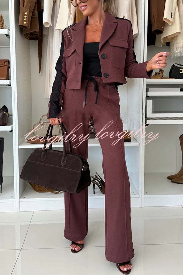 Fashion Lace Panel Long-sleeved Crop Top and Elastic Waist Tie Pocket Casual Pants Set