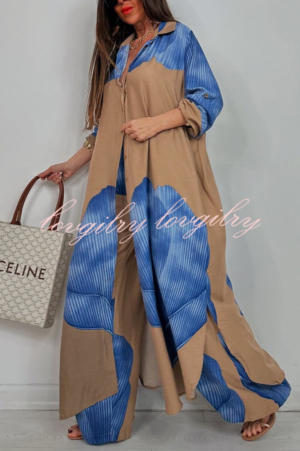 Unique Printed Casual Loose Long Shirt and Elastic Waist Pocket Wide Leg Pants Set
