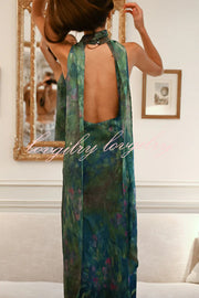 Monet Garden Art Print Turtleneck Cutout Backless Scarf Maxi Dress