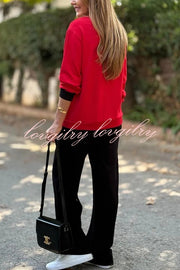 Stylish Color-blocked V-neck Knitted Button-down Cardigan and Elastic Waist Casual Wide-leg Pants Set