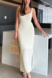 Solid Color Knitted Hollow Slim Slit Maxi Dress