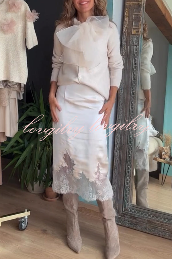 Orozco Knit Organza Bow Button-down Long Sleeve Loose Cardigan