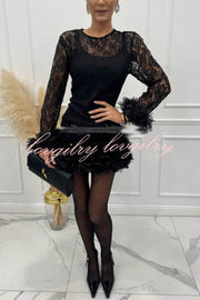 Alyssa Lace Fabric Tulle Layered Petals Trim Long Sleeve Mini Dress