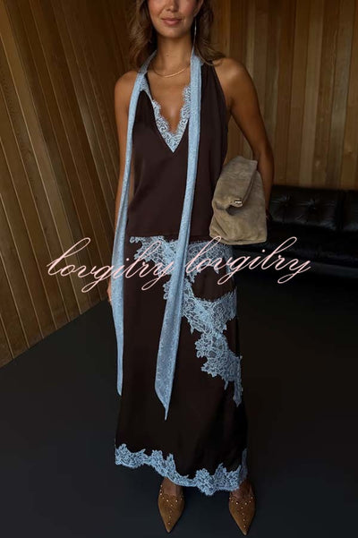 Sunday Social Contrast Color Satin Lace Trim Mid Rise Maxi Skirt