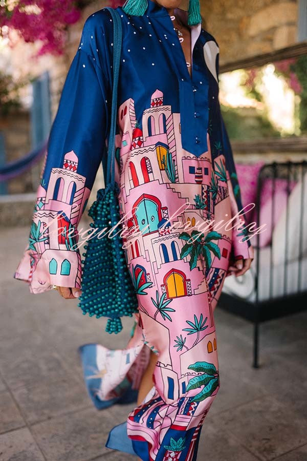 Seaside Stroll Satin Unique Print Button Up Long Sleeve Slit Kaftan Midi Dress