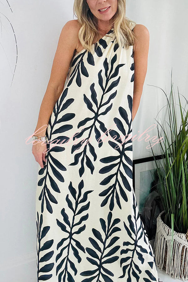 Floral Unique Printed One Shoulder Pocketed Loose Maxi Dress