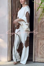 Floral Print Batwing Sleeves Loose-fitting Top and Relaxed Pocket Straight Pants Set