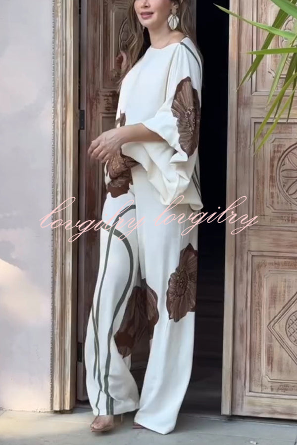 Floral Print Batwing Sleeves Loose-fitting Top and Relaxed Pocket Straight Pants Set