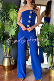 Solid Color Sexy Tube Top Gold Button Embellished Bootcut Jumpsuit