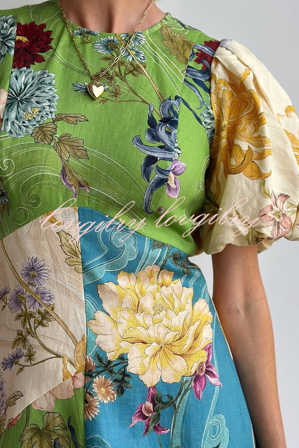Floral Print Round Neck Puff Sleeve Casual Midi Dress