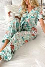 Sleeping Tiger Satin Elastic Waist Pocketed Pajama Pants Set