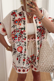 Linen Blend Floral Print Short Sleeve Loose Shirt and Elastic Waist Tie Casual Shorts Set