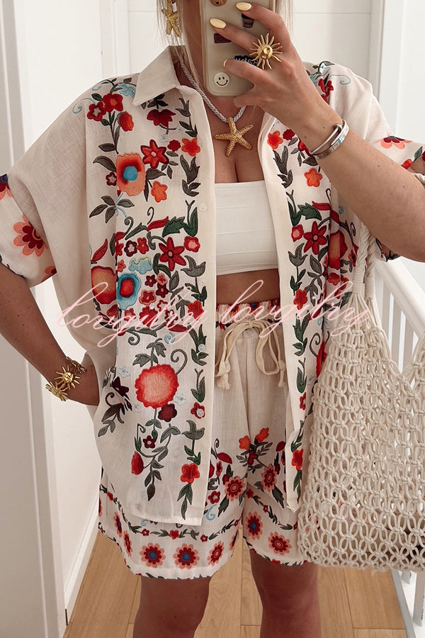 Linen Blend Floral Print Short Sleeve Loose Shirt and Elastic Waist Tie Casual Shorts Set