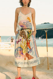 Dreamy Ocean Satin Unique Print Elastic Waist Pocket Vacation Midi Skirt