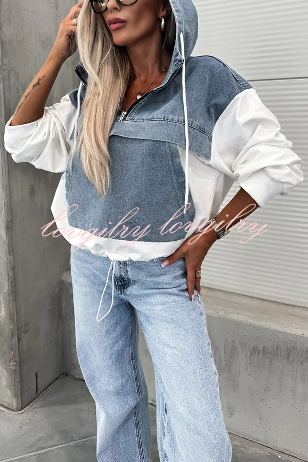 All The Time Denim Patchwork Soft Fabric Kangaroo Pocket Hoodie