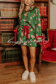 Christmas Dreaming Satin Nutcrackers Print Velvet Trim Elastic Waist Pocketed Pajama Shorts Set