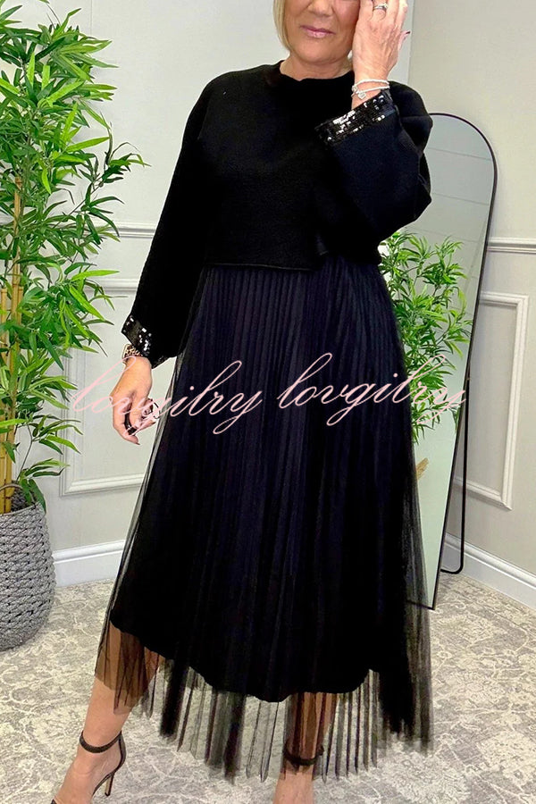 Fenna Ribbed Sequin Trim Batwing Sleeve Sweater and Pleated Tulle Stretch Tank Midi Dress Two-piece Set