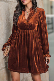 Solid Color Velvet V-Neck Long Sleeve Loose Mini Dress