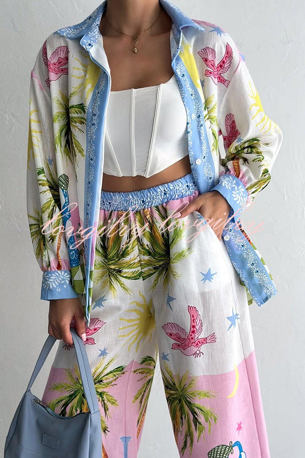 Holiday Style Print Loose Long Sleeve Shirt and Elastic Waist Loose Pocket Wide Leg Pants Set