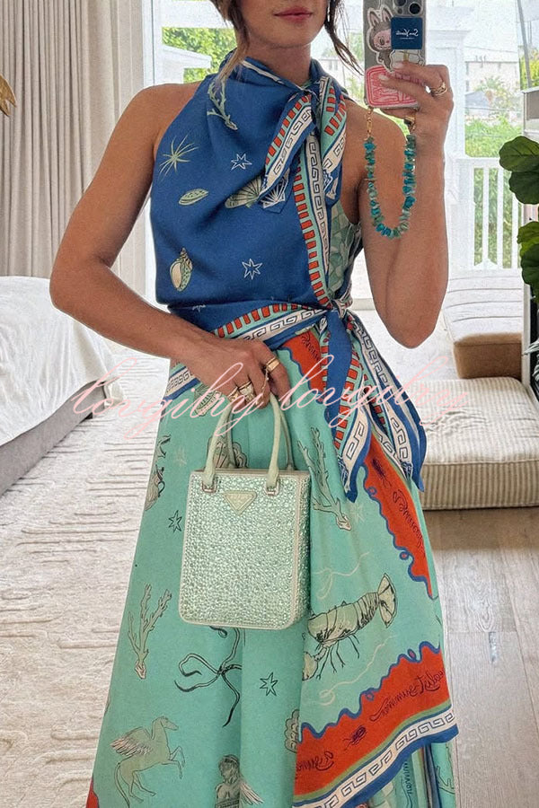 Surrealist Summer Satin Unique Print Tie-up Details Layered Hem Scarf Maxi Dress