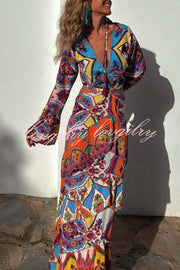 Colorful Day Unique Print Bell Sleeve Cutout Waist Layered Maxi Dress