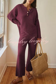 Heather Hailey Solid Color Casual Button V Neck Top and Pant Two Piece Set