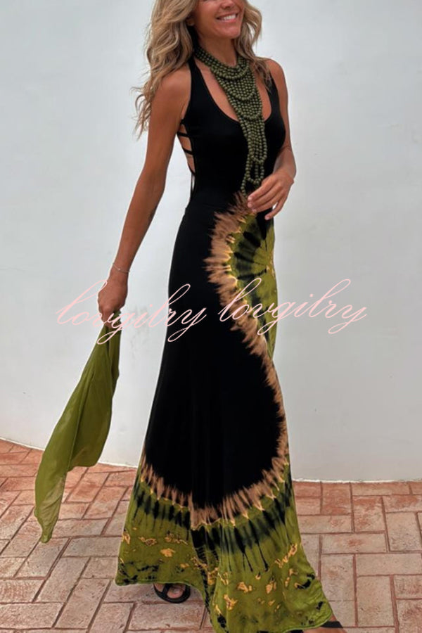 Summer Adventures Tie-dye Print Back Lace-up Stretch Maxi Dress