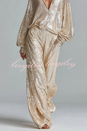 Glamorous Day Sequin Half Zip Loose Shirt and Elastic Waist Pocket Wide Leg Pants Set