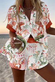 Mermaid Print Loose Button Elastic Waist Shorts Set