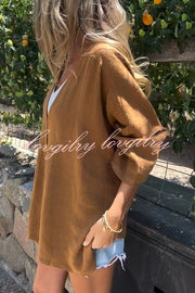 Solid Color V-neck Loose Long-sleeved Button Top