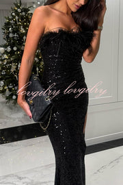 Darcy Sequin Feather Trim Off Shoulder Ruched Slit Stretch Maxi Dress