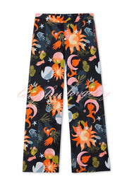 Evening Routine Unique Print Color-block Trim Loose Shirt and Elastic Waist Pocketed Pajama Set