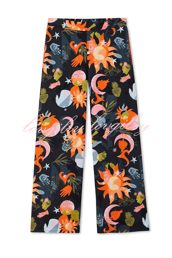 Evening Routine Unique Print Color-block Trim Loose Shirt and Elastic Waist Pocketed Pajama Set