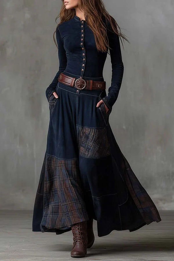 Retro-style Patchwork Single-breasted Long-sleeved Casual Pocket Maxi Dress
