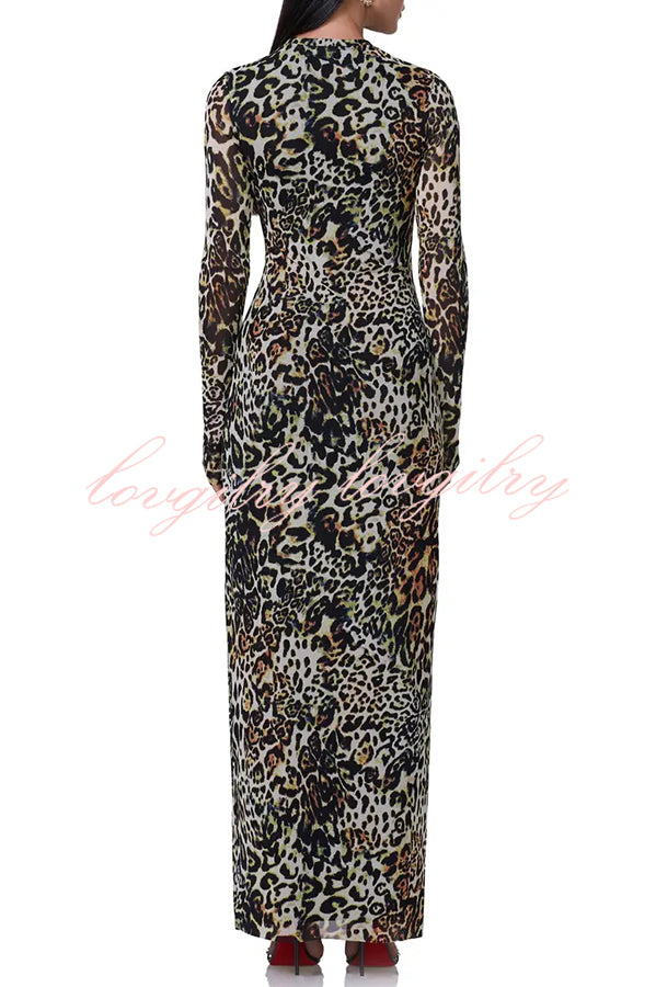 Wild As They Come Mesh Leopard Long Sleeve Stretch Maxi Dress