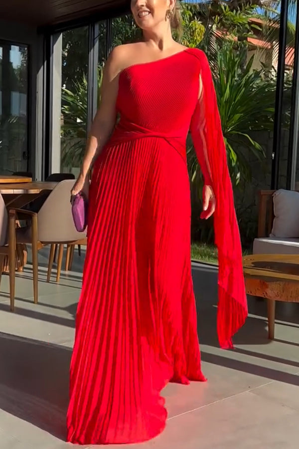 Kate Pleated One Shoulder Drape Sleeve Twist Waist Maxi Dress