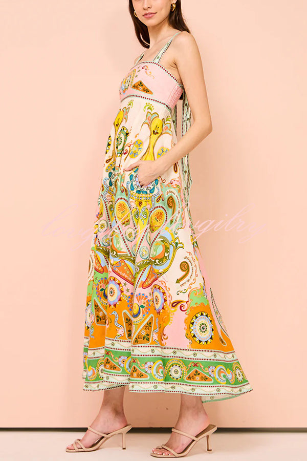 Summer Serenade Linen Blend Unique Print Tie-up Strap Smocked Pocketed Maxi Dress