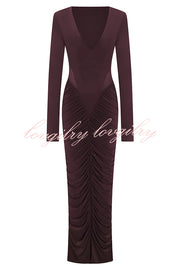 Sexy See-through Long-sleeved V-neck Pleated Slim-fit Maxi Dress