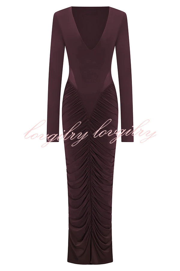 Sexy See-through Long-sleeved V-neck Pleated Slim-fit Maxi Dress