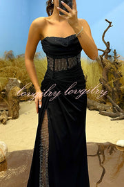 Essie Satin Rhinestone Patchwork Twist Waist Strapless Slit Maxi Dress