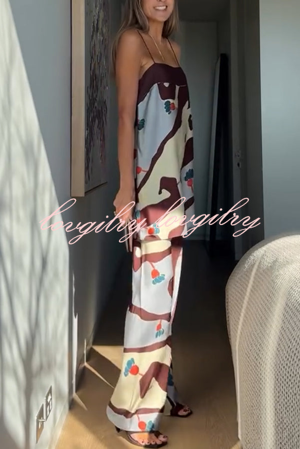 Loving Views Satin Unique Print a-line Tank and Elastic Waist Loose Pants Set