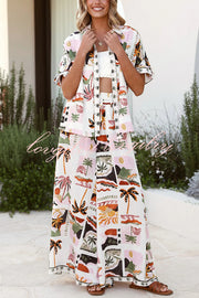 Holiday Style Holiday Print Casual Short-sleeved Shirt and Elastic Waist Loose Pocket Wide-leg Pants Set