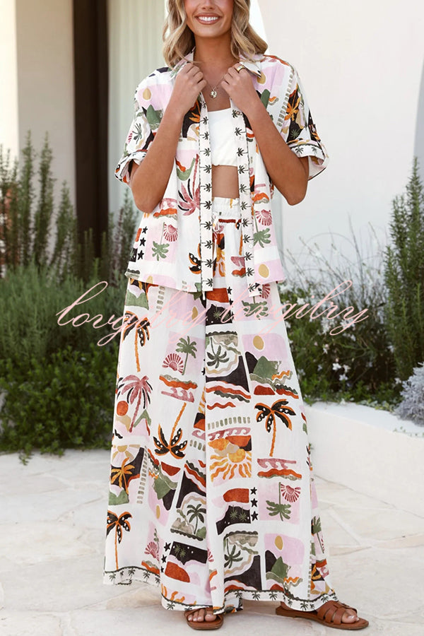 Holiday Style Holiday Print Casual Short-sleeved Shirt and Elastic Waist Loose Pocket Wide-leg Pants Set