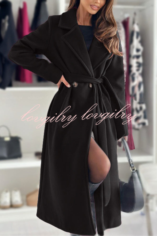 Solid Color Lapel Long Sleeve Waist Tie Long Coat