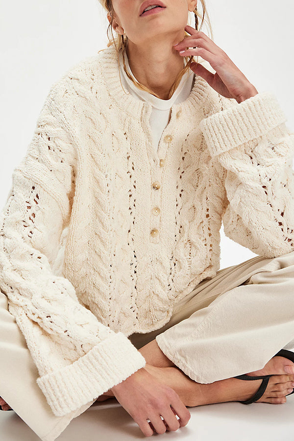 Solid Color Loose-fitting Openwork Long-sleeved Knit Sweater
