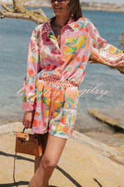 Leisurely Outings Summer Fruit Print Loose Long Sleeve Shirt and Elastic Waist Pocket Shorts Set