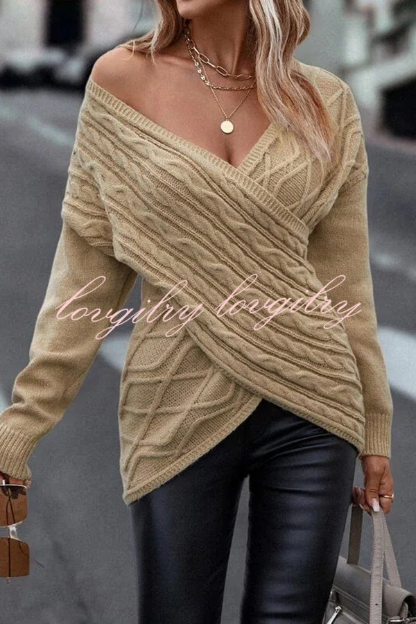 Solid Color V Neck Cross Jacquard Long Sleeved Sweater