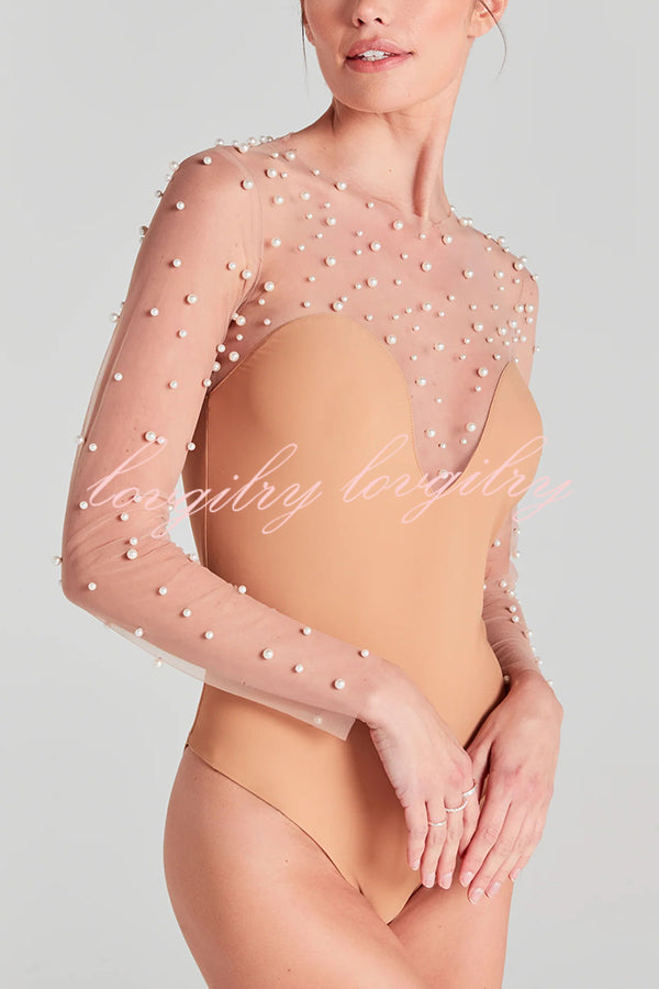 Romantic Mesh Pearl Embellished Long Sleeve Stretch Bodysuit