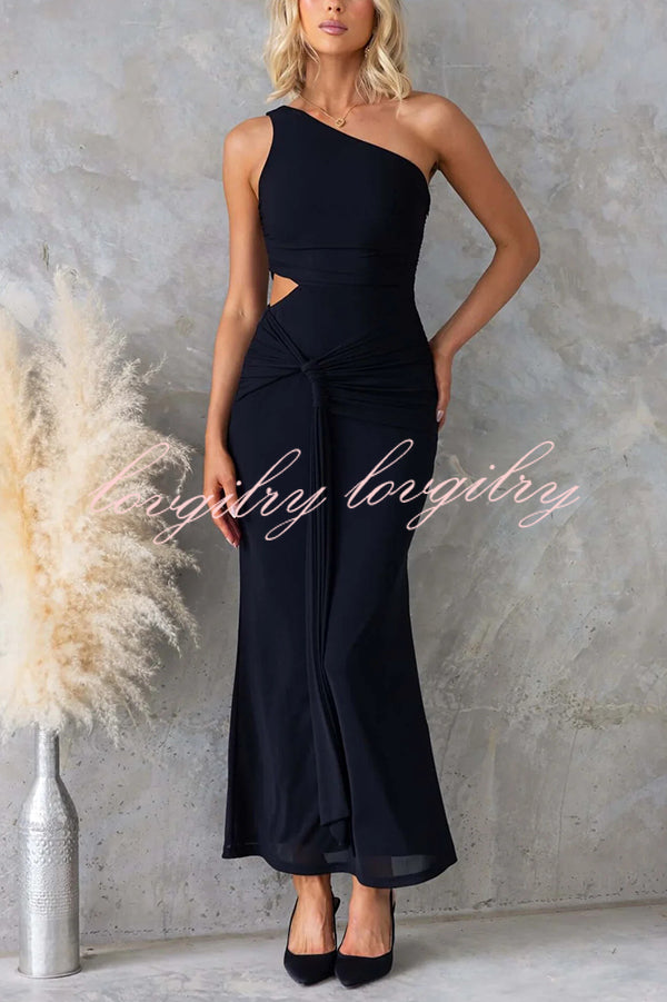 Solid Color Elegant Mesh One Shoulder Sexy Waist Hollow Out Maxi Dress